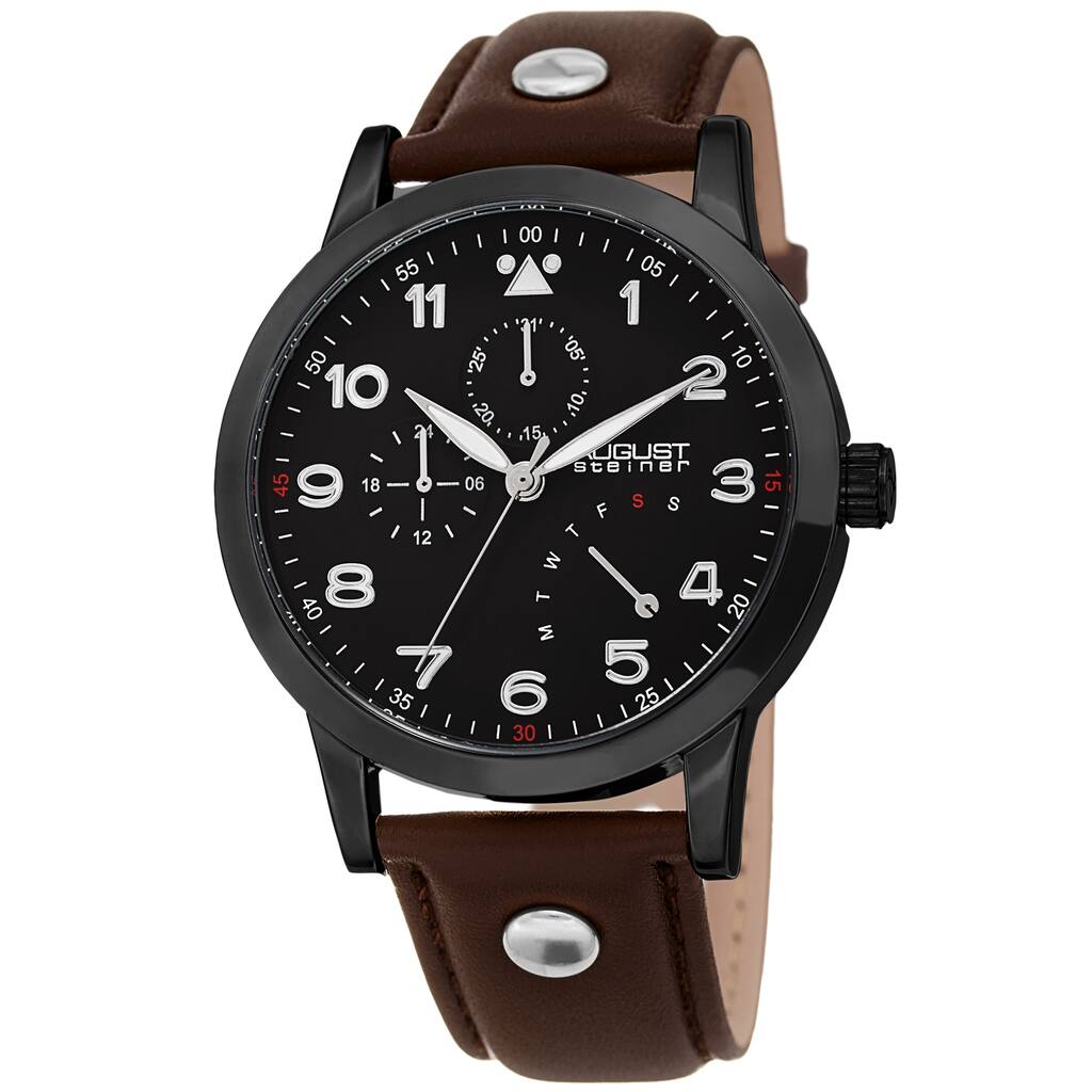 August Steiner Men's Date 24 Hour Pilot Style Retrograde Brown Leather Strap Watch