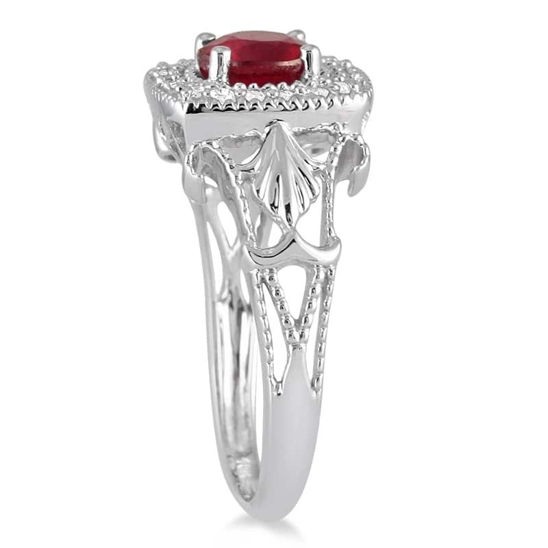 1 Carat Ruby and Diamond Antique Halo Ring in 10K White Gold
