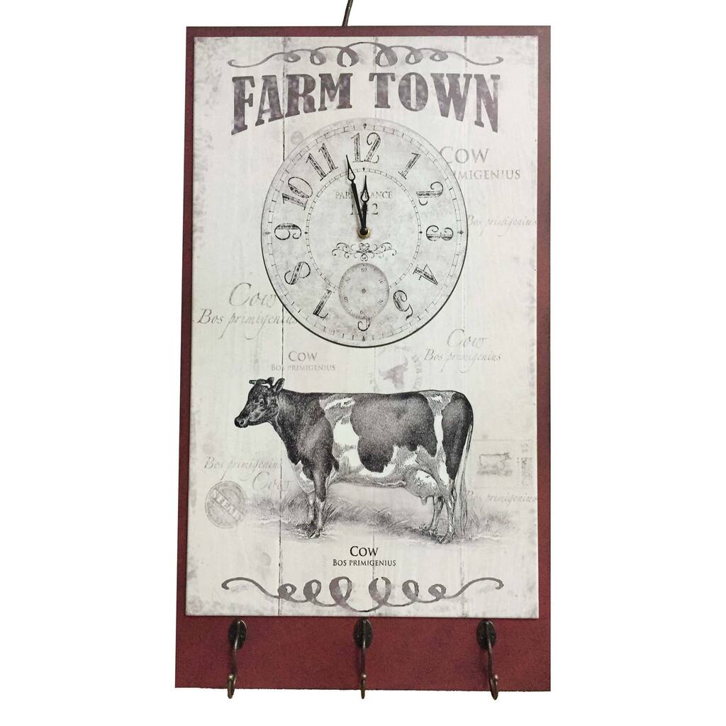 Sagebrook Home 11170 Farm Town Cattle Clock Plaque W/Hooks, White/Red Mdf, 17.75 x 2.5 x 31.5 Inches
