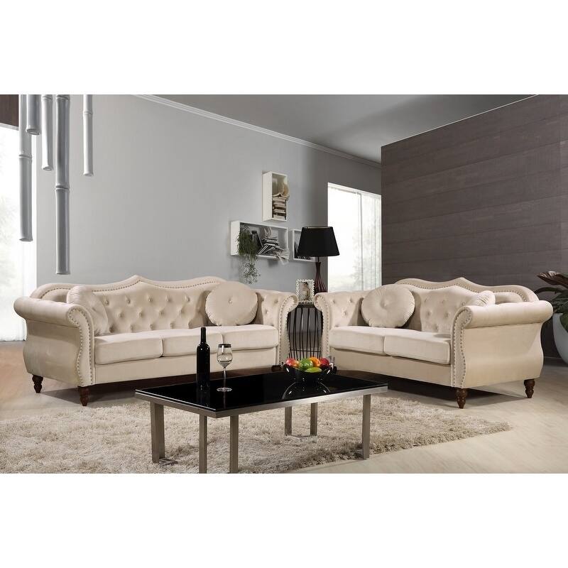Gracewood Hollow Mantel Nailhead Chesterfield Upholstered 2-piece Living Room Set - Cream