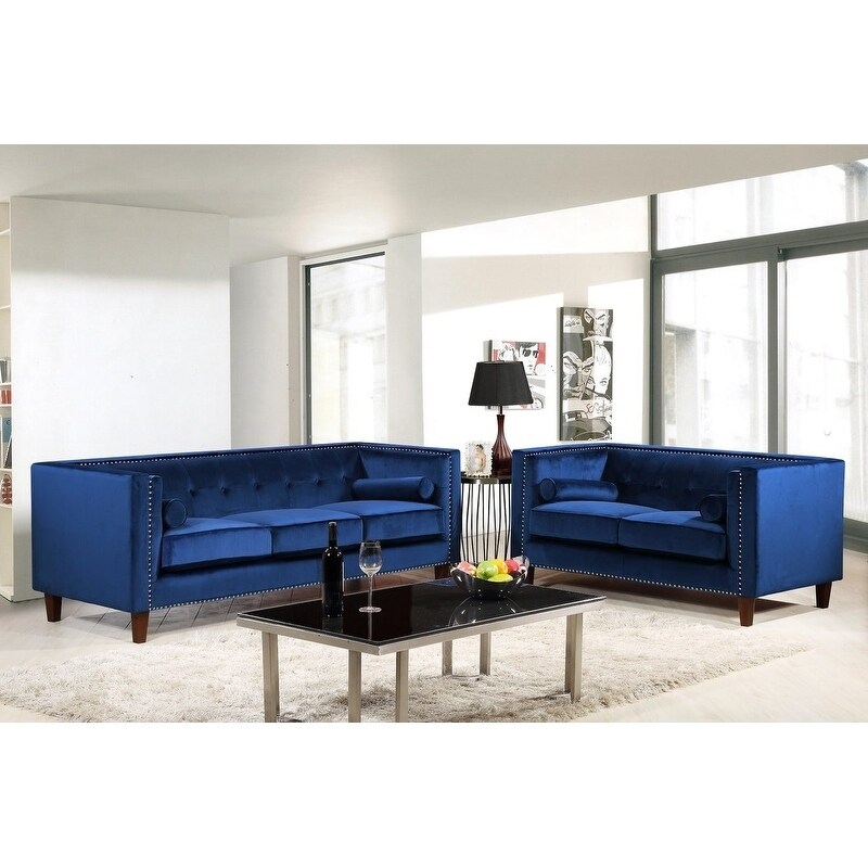 Kittleson Classic Upholstered Nailhead Chesterfield 2 Piece Living Room Set Blue On Sale Overstock 21405730