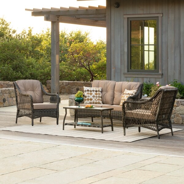 Corvus Vasconia Outdoor 4-piece Brown Wicker Sofa Set with Sunbrella Pillows