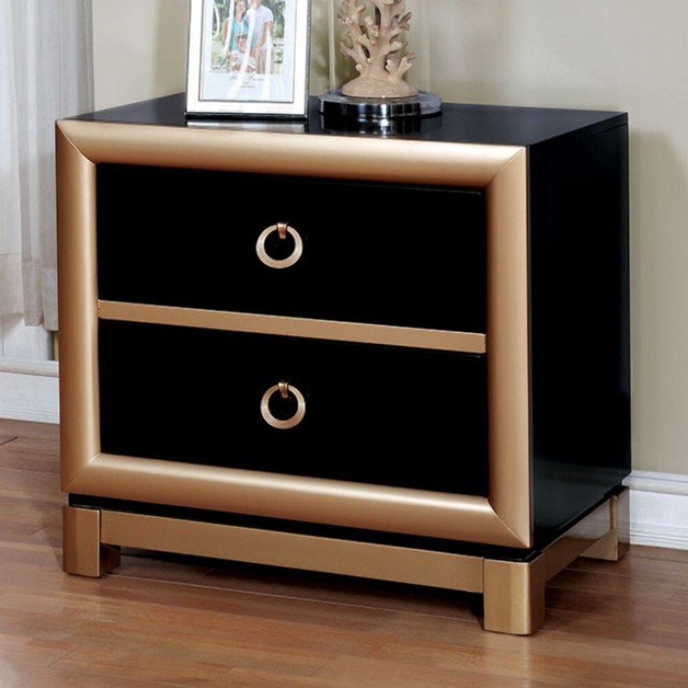 Benzara Wooden Night Stand with 2 Drawers , Black and  Gold