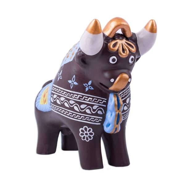 Ceramic Statuette, 'Brown Pucara Bull' - Peru