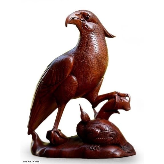 Handmade Wood Statuette, 'Mother Hawk' (Indonesia)