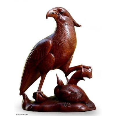 Handmade Wood Statuette, 'Mother Hawk' (Indonesia)