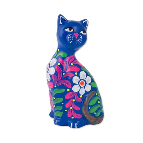Handmade Sweet Cat In Blue Ceramic Figurine (Peru)