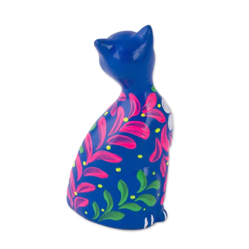 Handmade Sweet Cat In Blue Ceramic Figurine (Peru)