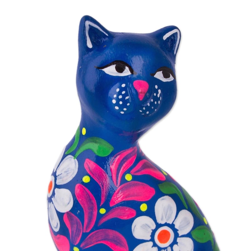 Handmade Sweet Cat In Blue Ceramic Figurine (Peru)