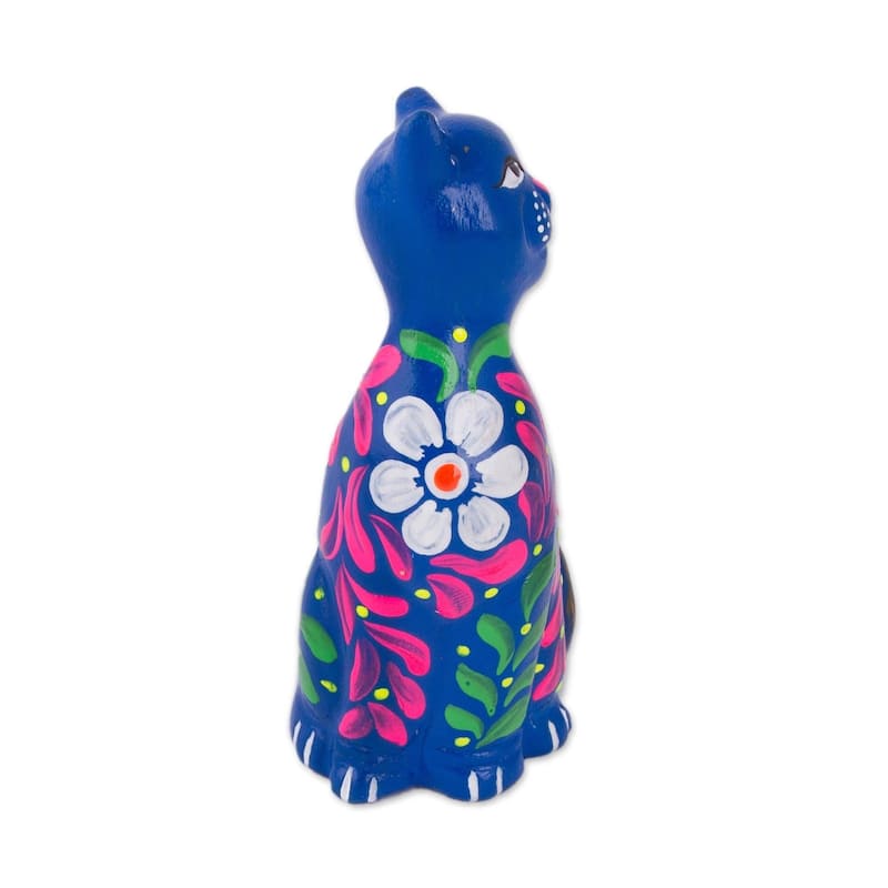 Handmade Sweet Cat In Blue Ceramic Figurine (Peru)