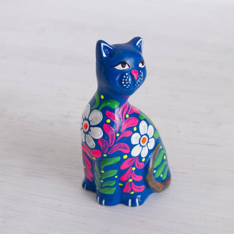 Handmade Sweet Cat In Blue Ceramic Figurine (Peru)