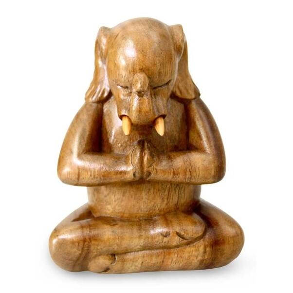 Handmade Wood Sculpture, 'Sitting Ganesha' (Indonesia) - 5.75" H x 4.7" W x 2.9" D - 5.75" H x 4.7" W x 2.9" D - Brown