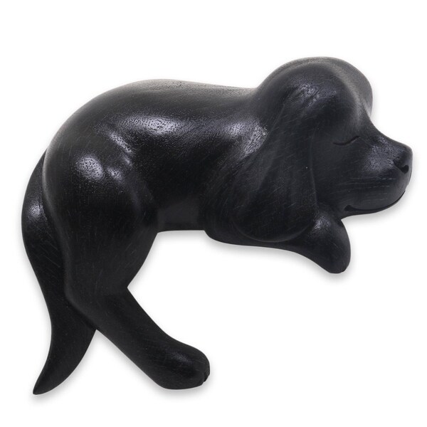 Wood Sculpture, 'Sleepy Black Cocker Spaniel' - Indonesia