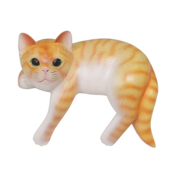 Wood Sculpture, 'Orange Cat Relaxes' - Indonesia