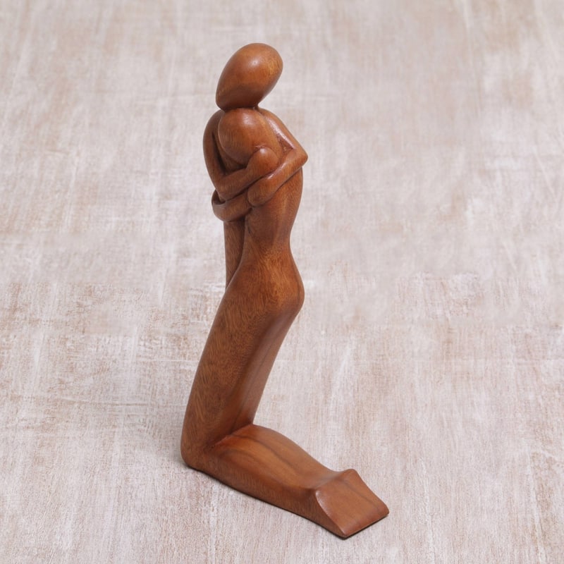 NOVICA Handmade Wood Sculpture, 'Together In Love' (Indonesia) - 11.5" H x 5.75" W x 1.8" D