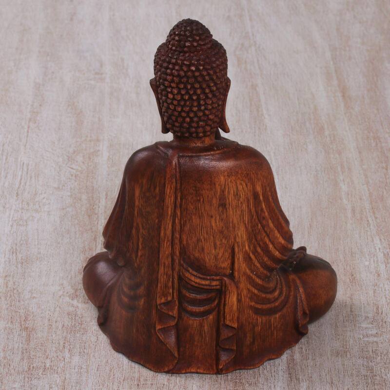 NOVICA Handmade Wood Sculpture, 'Buddha With Vitarka Mudra' (Indonesia) - 8.75" H x 7" W x 4.5" D