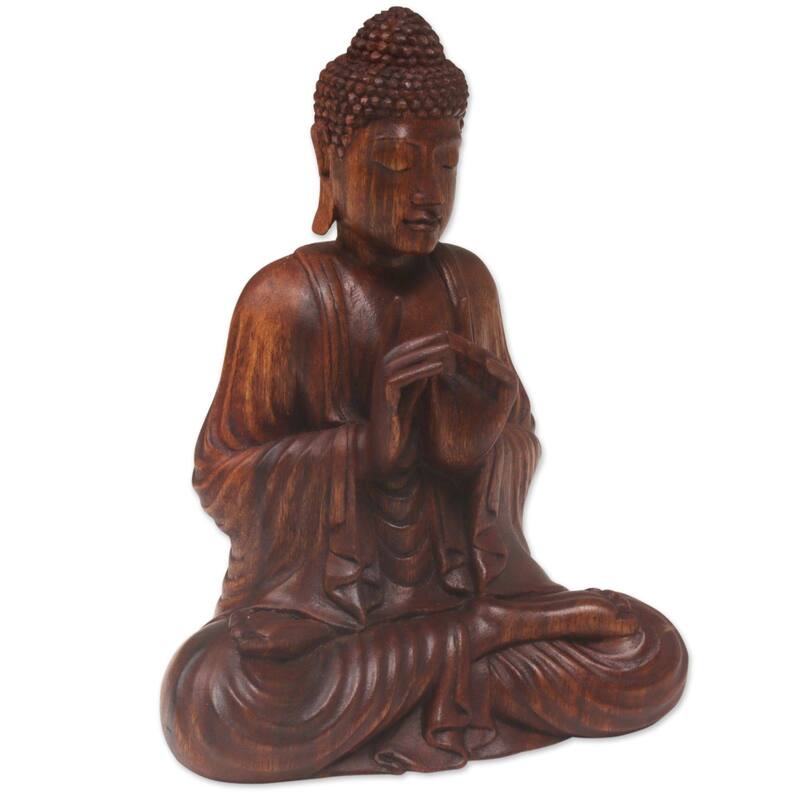 NOVICA Handmade Wood Sculpture, 'Buddha With Vitarka Mudra' (Indonesia) - 8.75" H x 7" W x 4.5" D