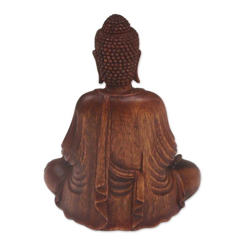 NOVICA Handmade Wood Sculpture, 'Buddha With Vitarka Mudra' (Indonesia) - 8.75" H x 7" W x 4.5" D