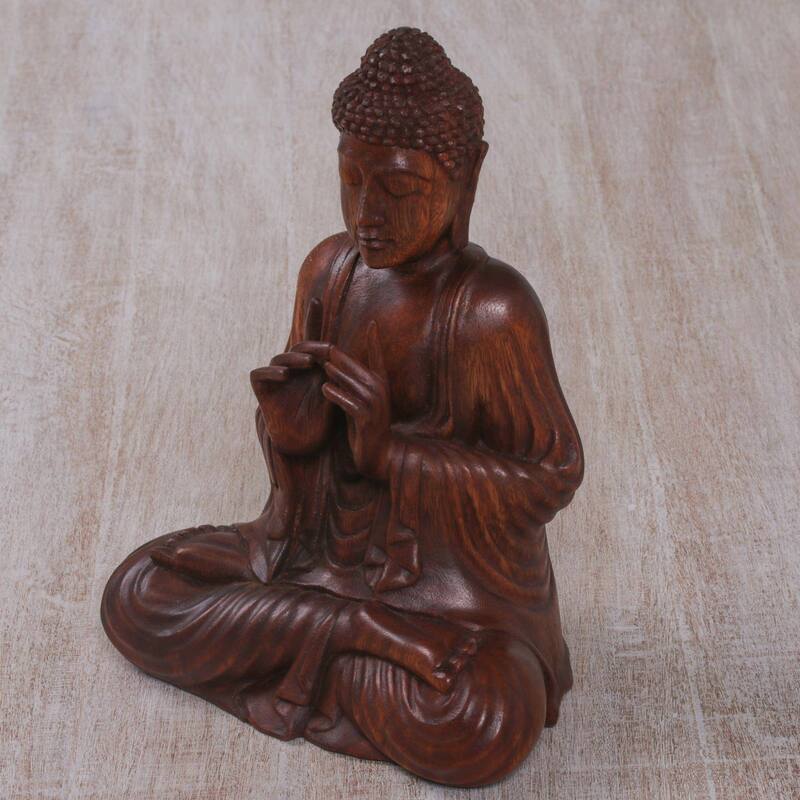 NOVICA Handmade Wood Sculpture, 'Buddha With Vitarka Mudra' (Indonesia) - 8.75" H x 7" W x 4.5" D