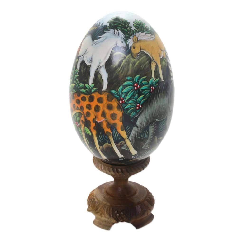 Handmade Wood Egg Statuette, 'Jungle Beauty' (Indonesia) - 5.5" H x 3.5" Diam.
