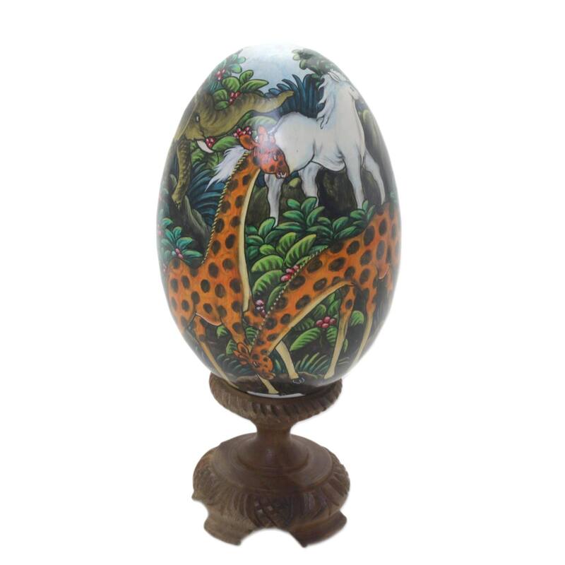 Handmade Wood Egg Statuette, 'Jungle Beauty' (Indonesia) - 5.5" H x 3.5" Diam.