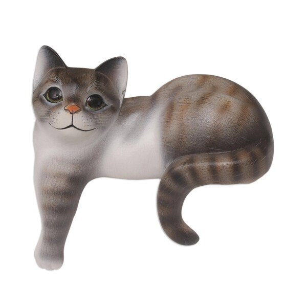 Wood Sculpture, 'Watchful Grey Cat' - Indonesia