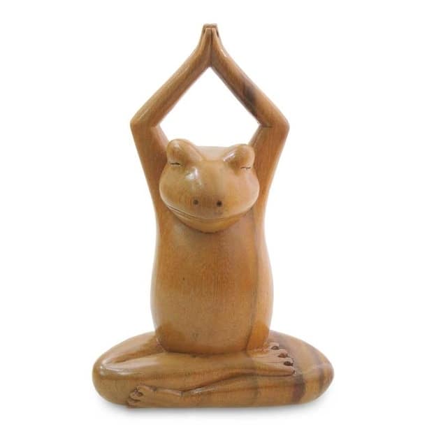 Handmade Wood Sculpture, 'Toward The Sky Yoga Frog' (Indonesia) - 7.75" H x 5" W x 2.8" D