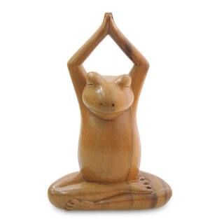 Handmade Wood Sculpture, 'Toward The Sky Yoga Frog'  (Indonesia) - 7.75" H x 5" W x 2.8" D