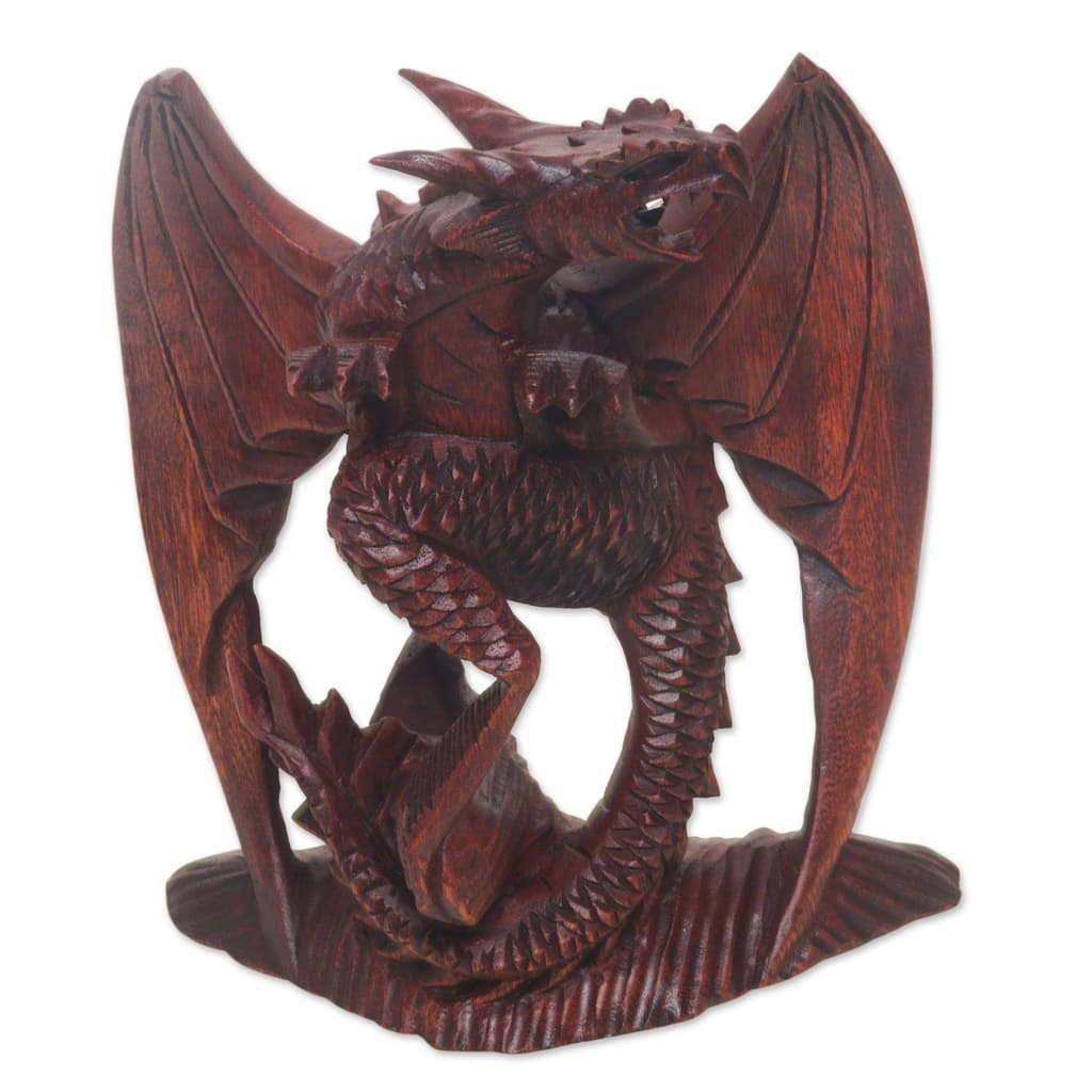 Handmade Wood Sculpture, 'Gallant Dragon' (Indonesia)