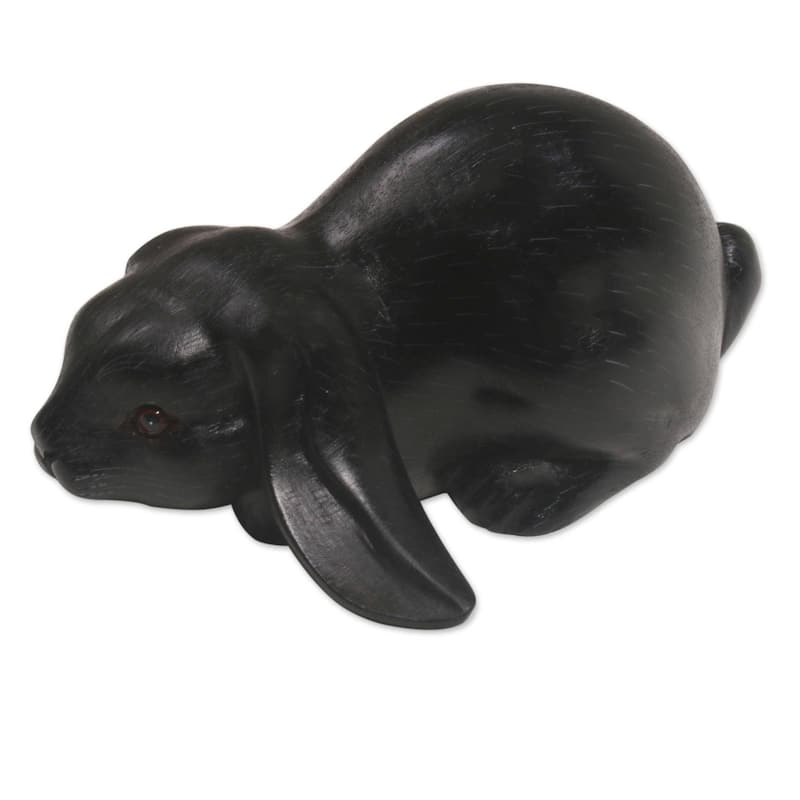 Handmade Wood Sculpture, 'Begging Rabbit In Black' (Indonesia)
