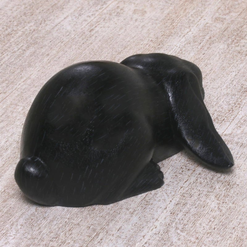 Handmade Wood Sculpture, 'Begging Rabbit In Black' (Indonesia)