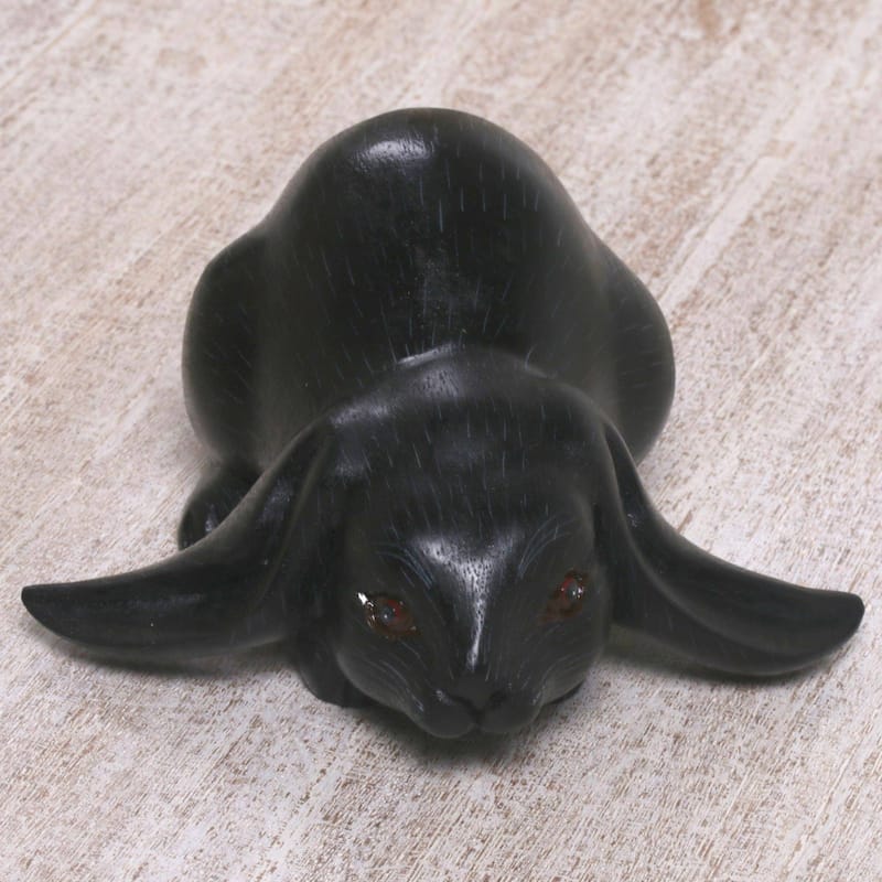 Handmade Wood Sculpture, 'Begging Rabbit In Black' (Indonesia)