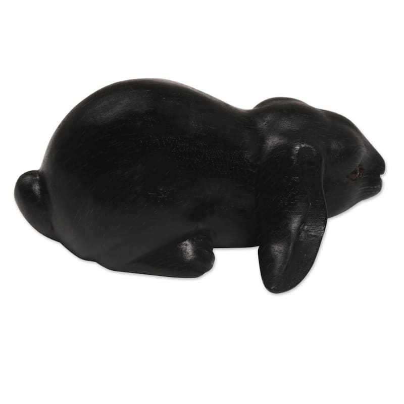 Handmade Wood Sculpture, 'Begging Rabbit In Black' (Indonesia)