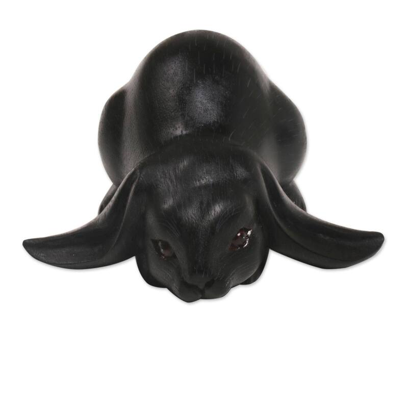 Handmade Wood Sculpture, 'Begging Rabbit In Black' (Indonesia)