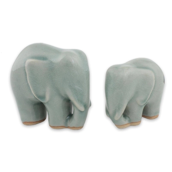 Handmade Elephant Bond In Light Blue Celadon Ceramic Figurines, Set of 2 (Thailand)