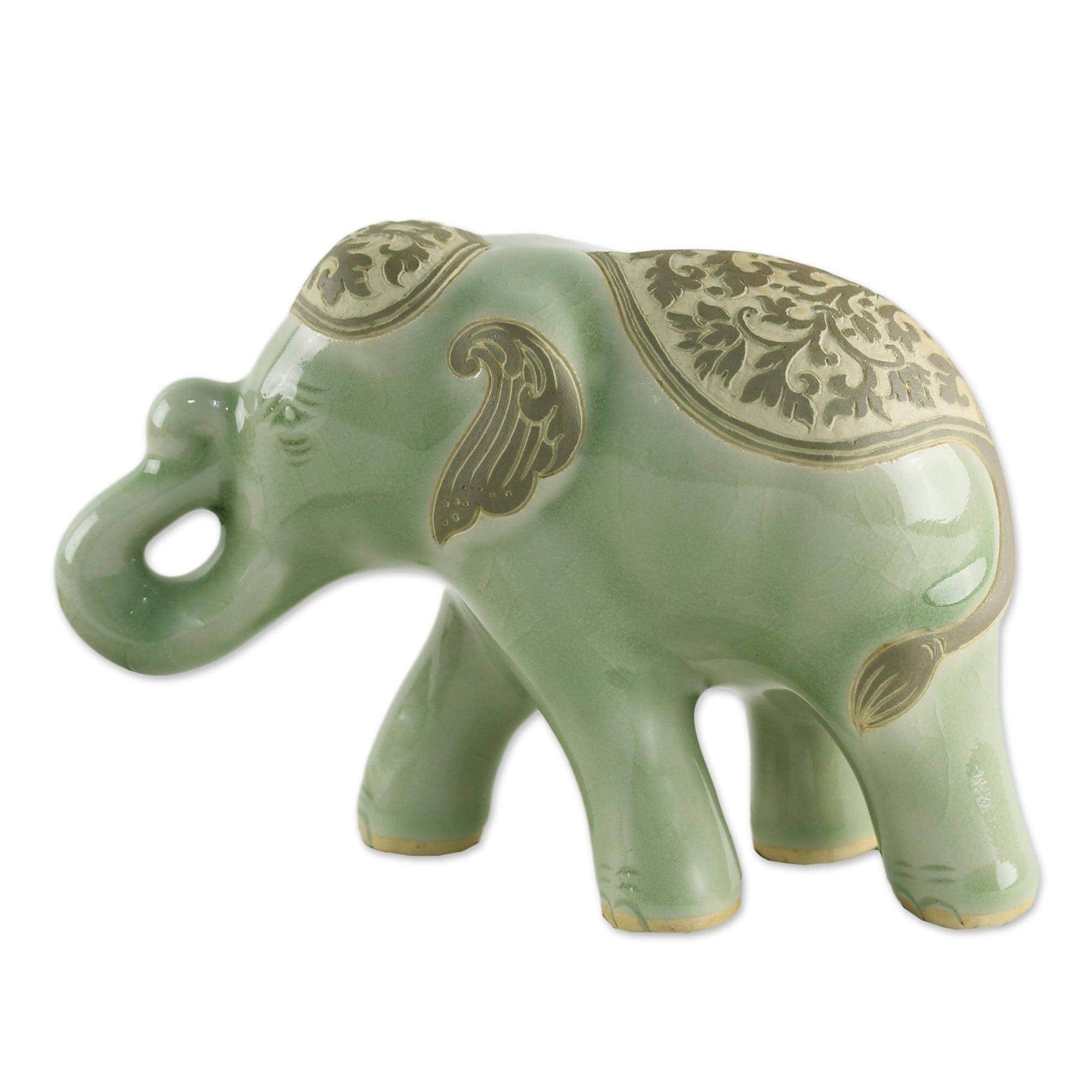 Handmade Celadon Ceramic Sculpture, 'Prestigious Elephant in Olive ...