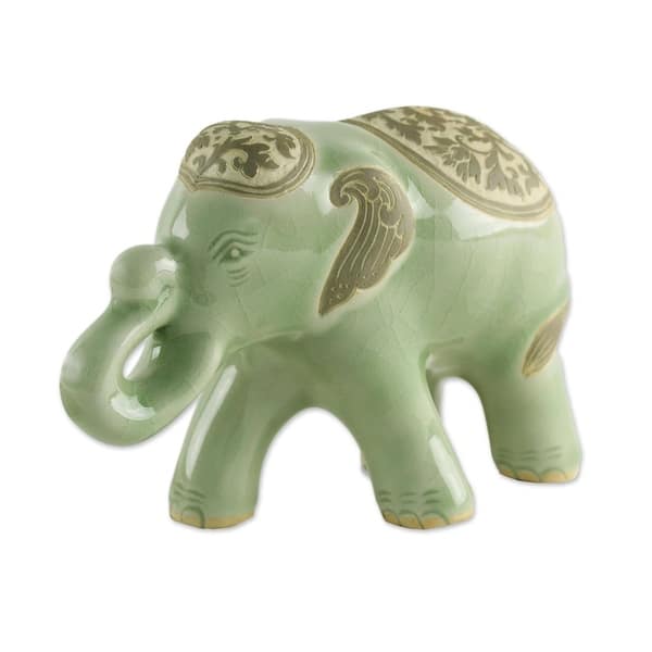 Handmade Celadon Ceramic Sculpture, 'Prestigious Elephant in Olive ...