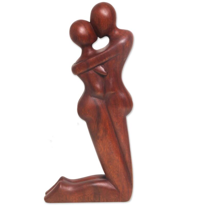 Handmade Wood Statuette, 'Kneeling Embrace' (Indonesia)