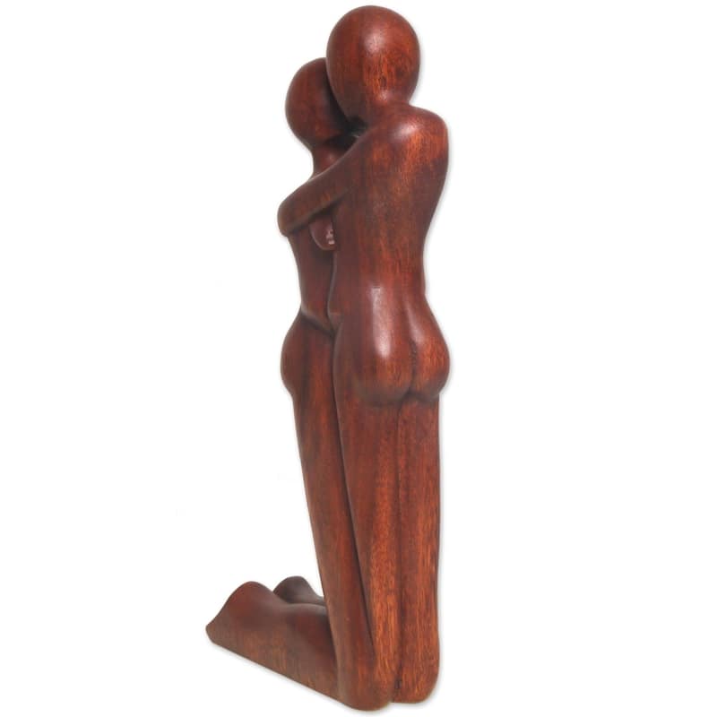 Handmade Wood Statuette, 'Kneeling Embrace' (Indonesia)
