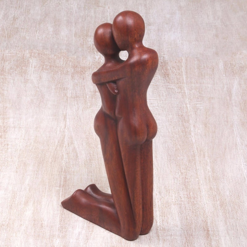 Handmade Wood Statuette, 'Kneeling Embrace' (Indonesia)