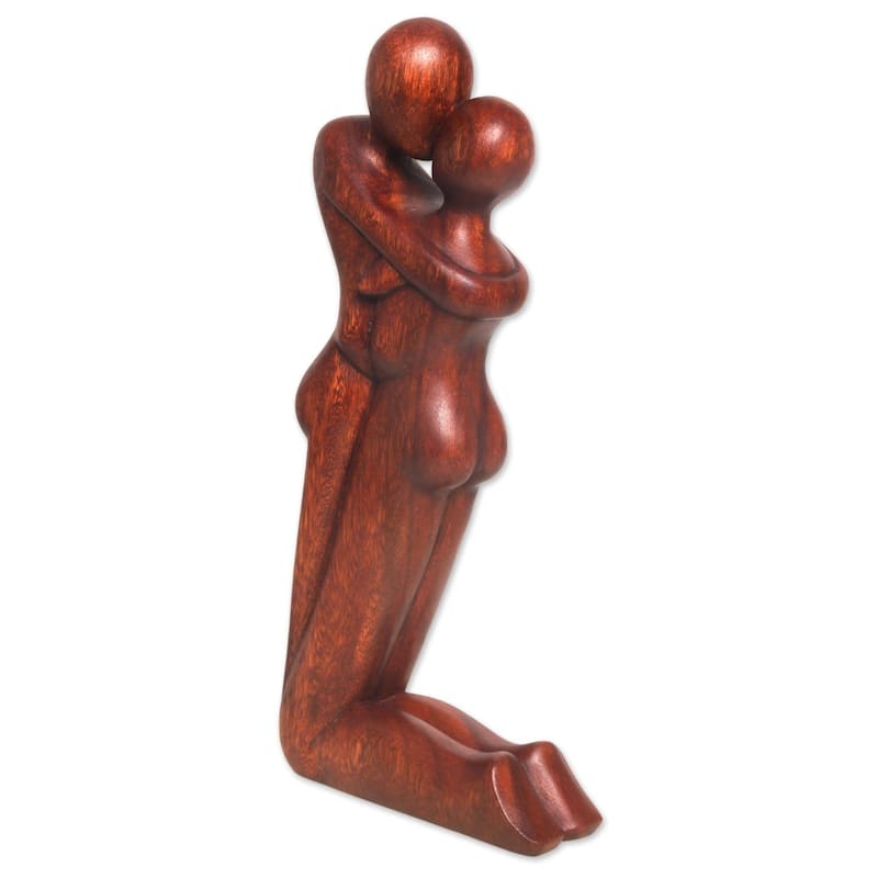 Handmade Wood Statuette, 'Kneeling Embrace' (Indonesia)