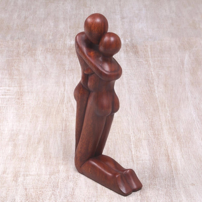 Handmade Wood Statuette, 'Kneeling Embrace' (Indonesia)