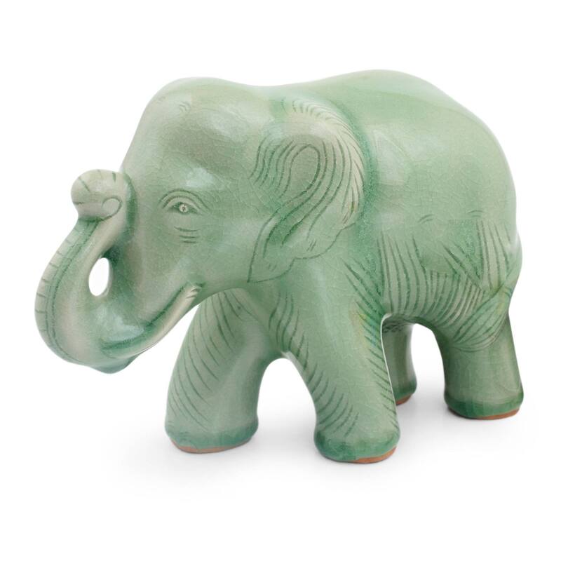 Handmade Celadon Ceramic Figurine, 'Smiling Elephant' (Thailand)