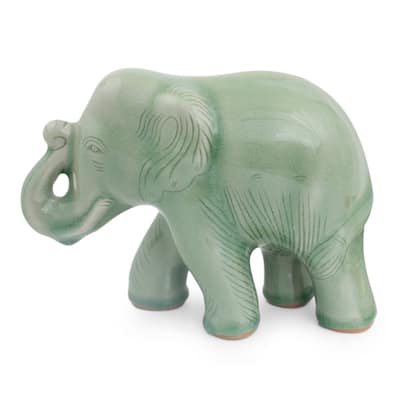 Handmade Celadon Ceramic Figurine, 'Smiling Elephant' (Thailand)