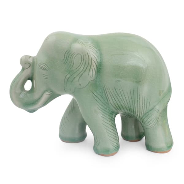 Handmade Celadon Ceramic Figurine, 'Smiling Elephant' (Thailand ...