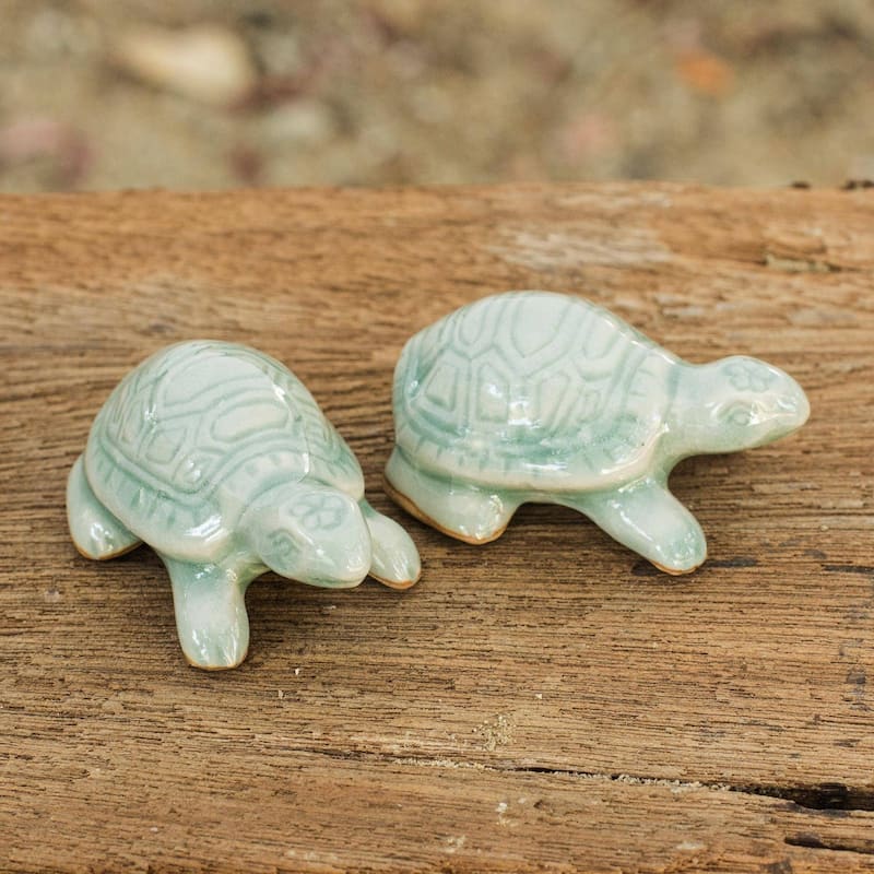 Handmade Sky Blue Resilient Turtles Celadon Ceramic Figurines, Set of 2 (Thailand)