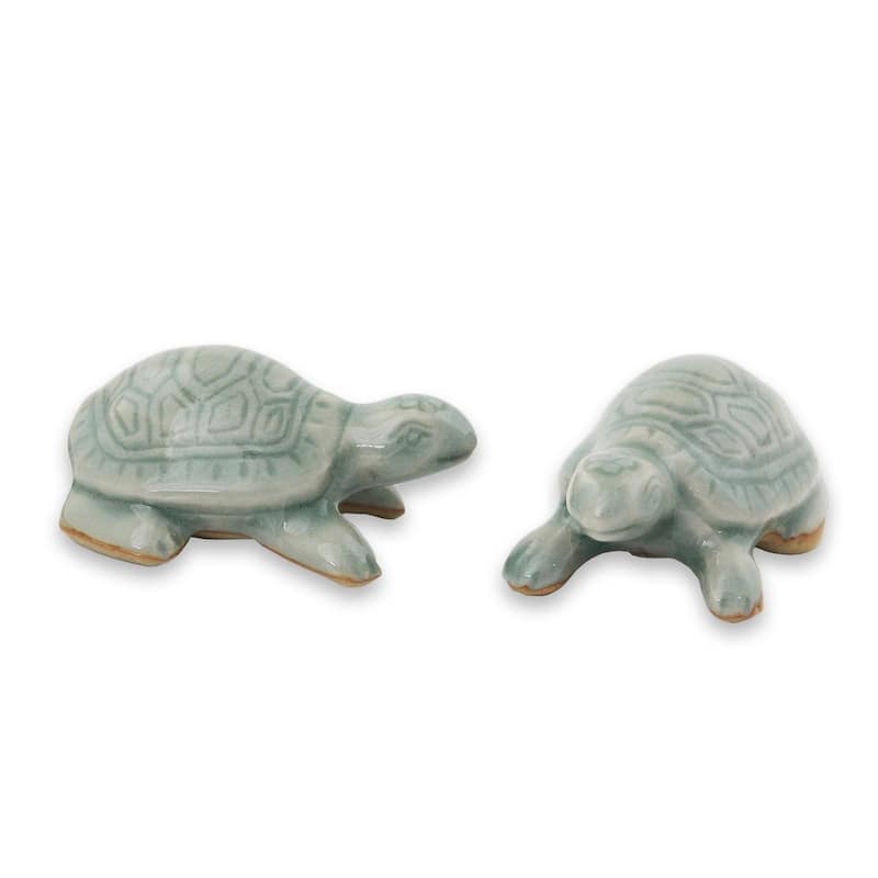 Handmade Sky Blue Resilient Turtles Celadon Ceramic Figurines, Set of 2 (Thailand)