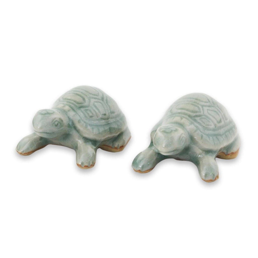 Handmade Sky Blue Resilient Turtles Celadon Ceramic Figurines, Set of 2 (Thailand)