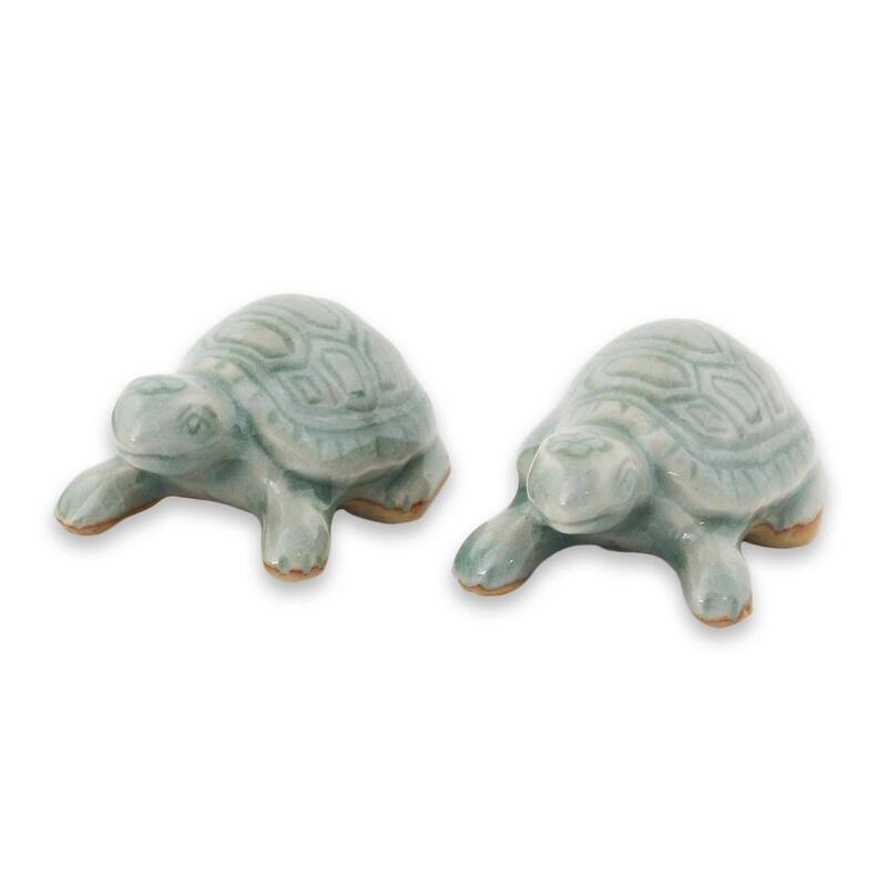 Handmade Sky Blue Resilient Turtles Celadon Ceramic Figurines, Set of 2 (Thailand)