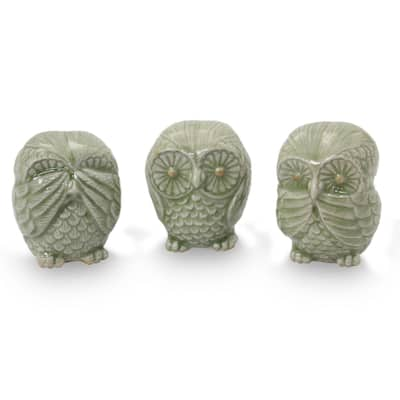 Handmade Green Owl Trio Celadon Ceramic Statuettes, Set of 3 (Thailand)